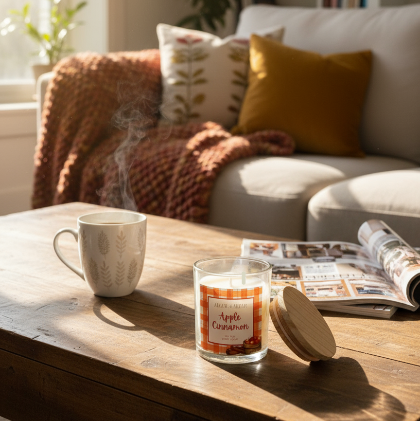 Apple Cinnamon scented candle in a glass jar with wooden lid – premium soy wax candle for cozy home fragrance.