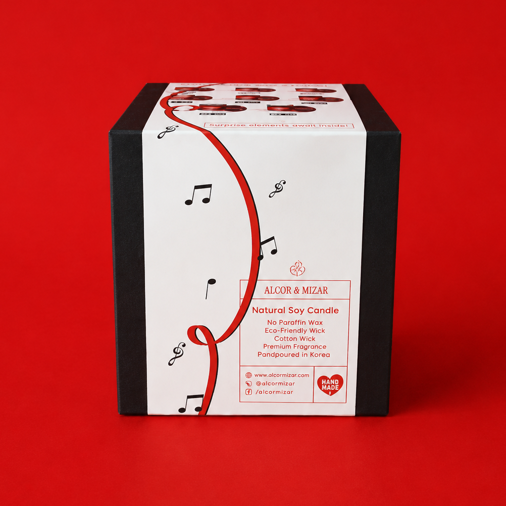 Box with musical notes on a red background