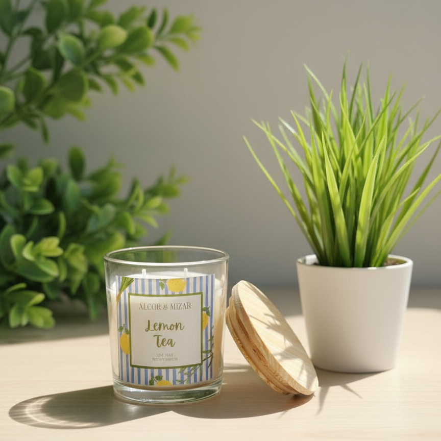 Candle labeled 'Lemon Tea' with a plant in the background