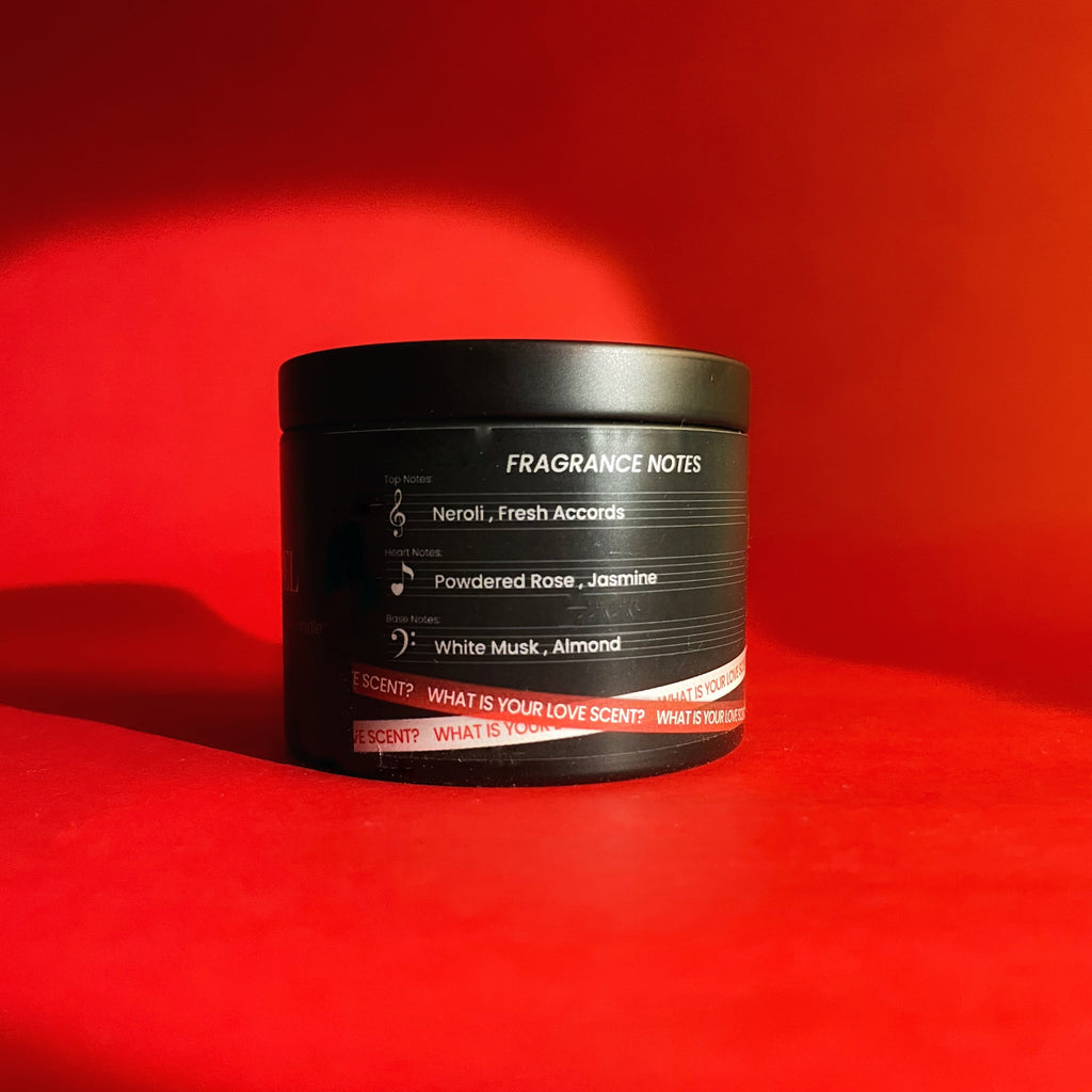 Black container with fragrance notes on a red background