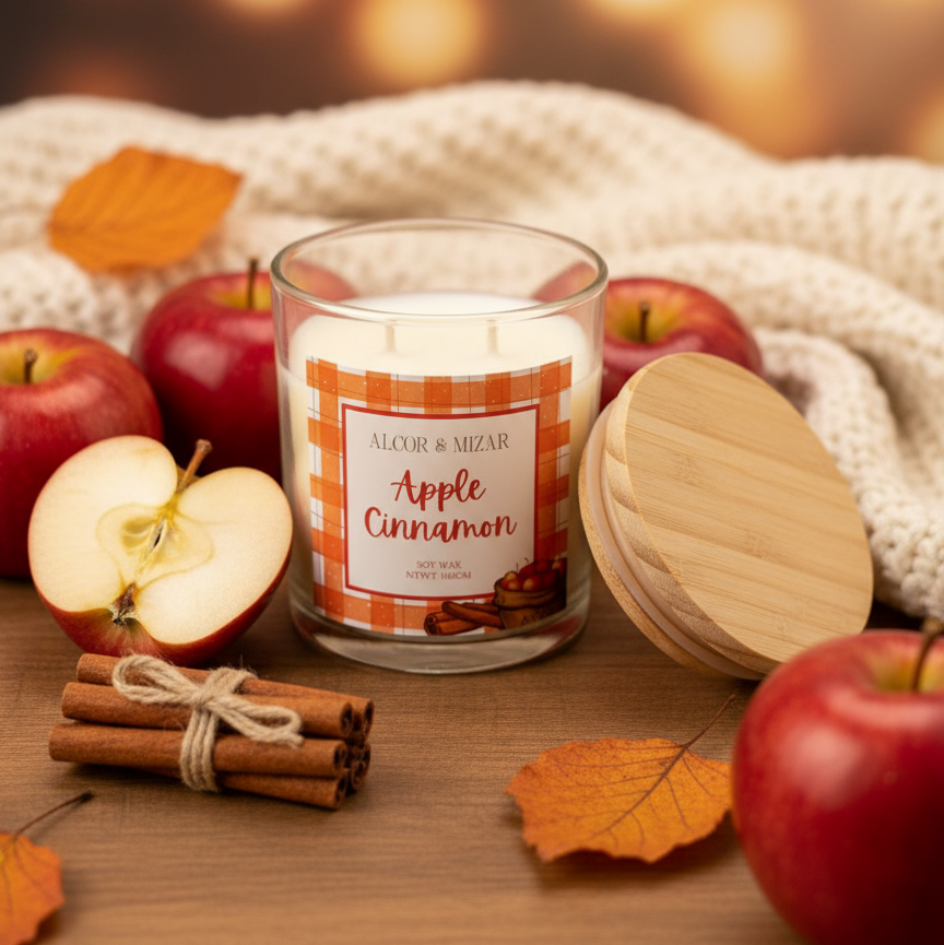 Apple Cinnamon scented candle in a glass jar with wooden lid – premium soy wax candle for cozy home fragrance.