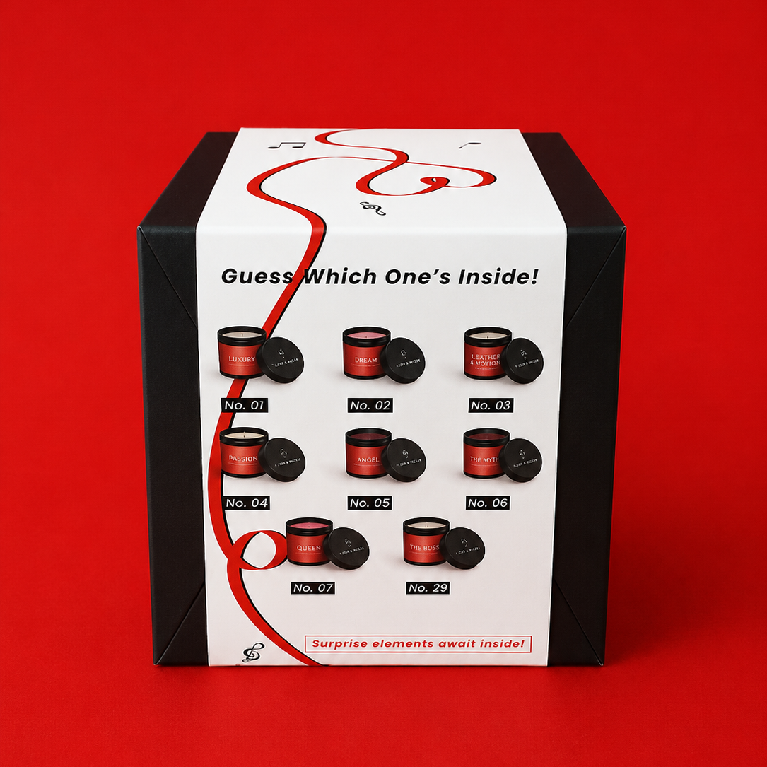 Box with black and red items on a red background