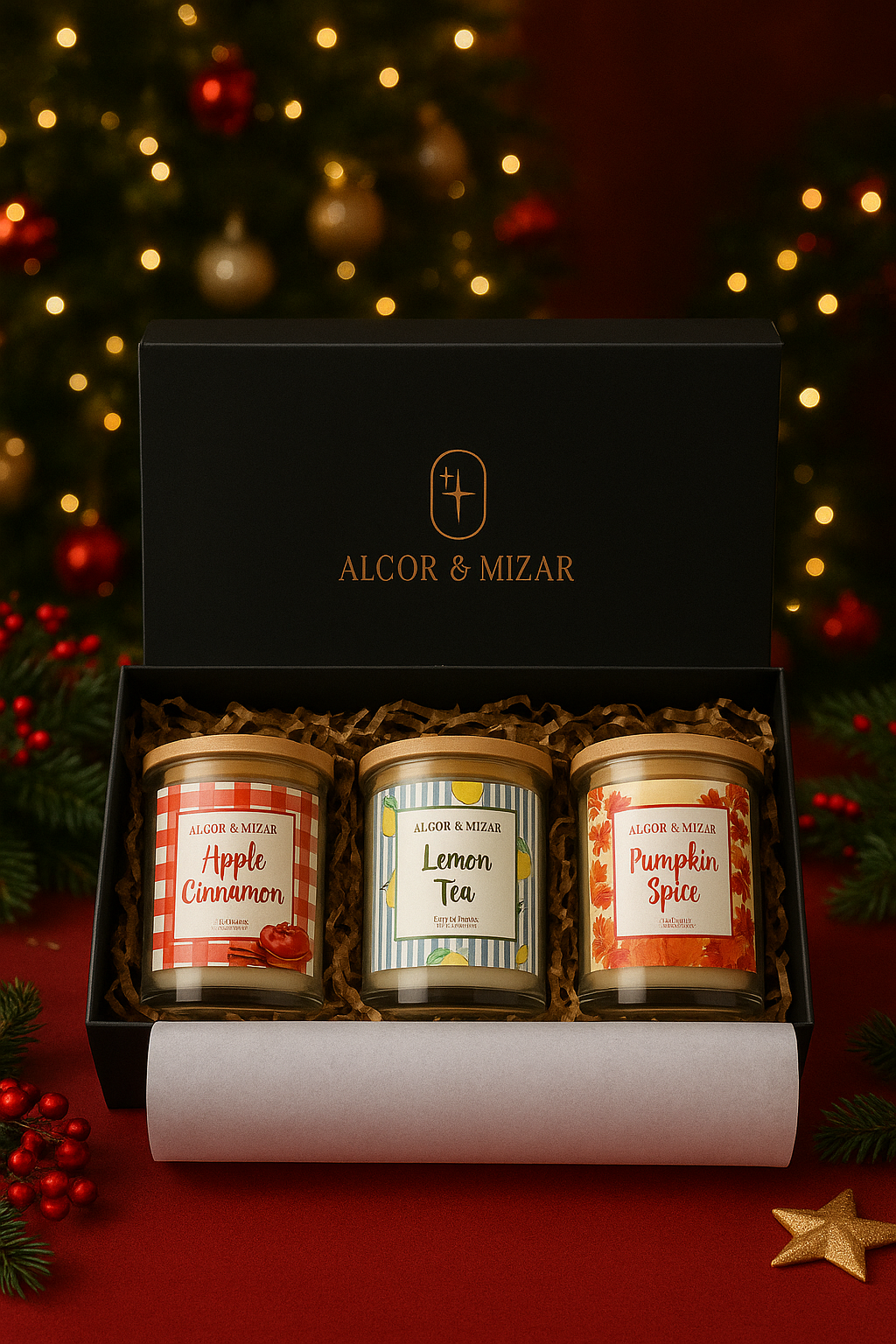Three candles in a gift box with 'Alcor & Mizar' branding against a festive background.