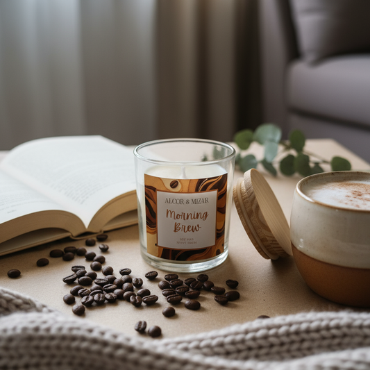 Morning Brew coffee-scented soy wax candle in a glass jar with wooden lid – rich aromatic home fragrance.