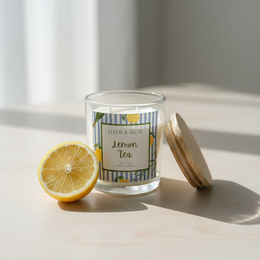 Lemon Tea soy wax scented candle in a glass jar with wooden lid – refreshing citrus home fragrance.