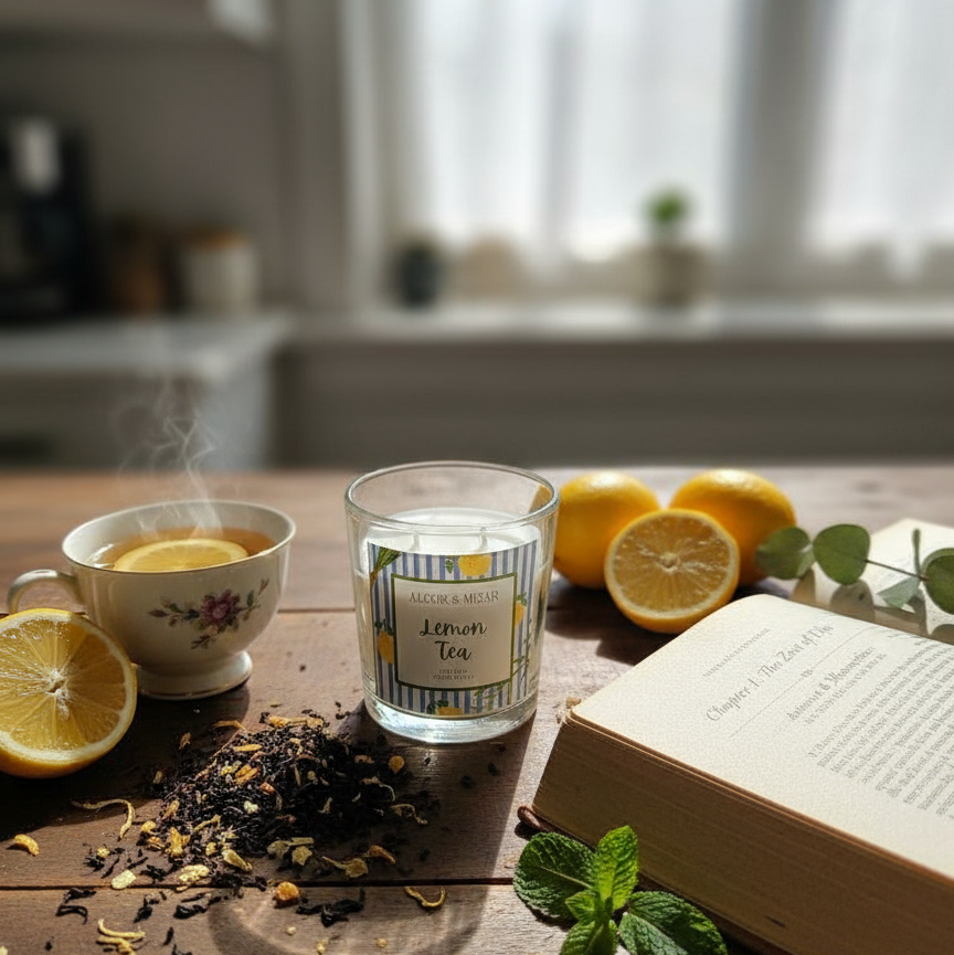 Lemon Tea soy wax scented candle in a glass jar with wooden lid – refreshing citrus home fragrance.