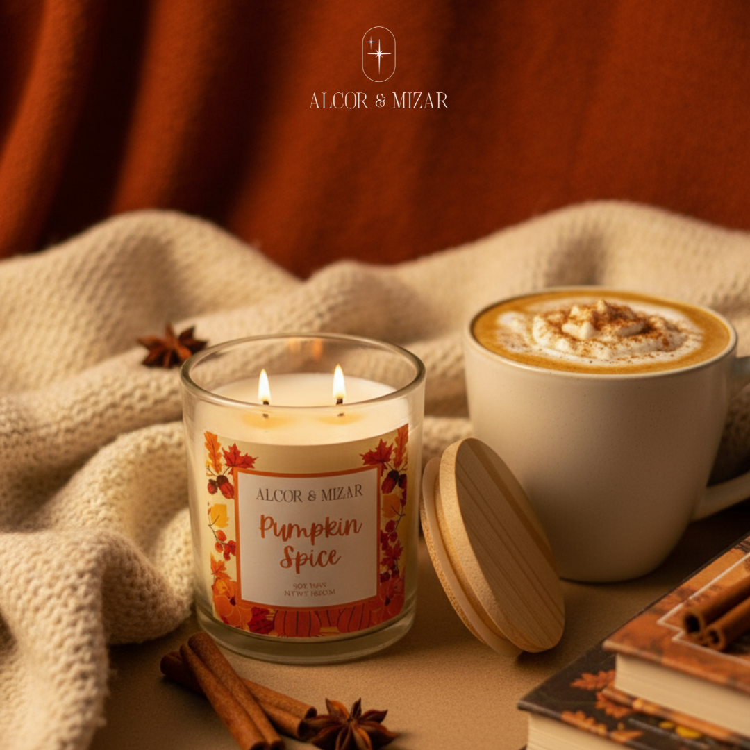 Pumpkin Spice soy wax scented candle in a glass jar with wooden lid – warm home fragrance for winter gifting.