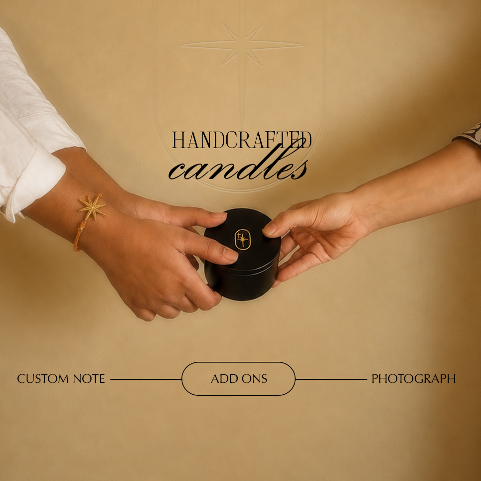 A handcrafted candle tin is being handed over from a person in a white shirt with a gold bracelet to another person, set against a warm beige background with elegant text overlays.