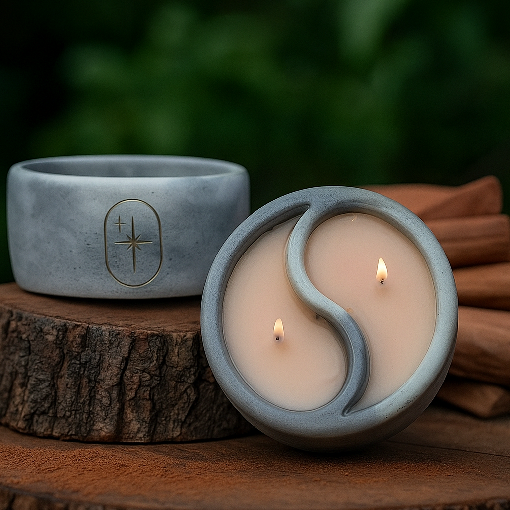 Candle with yin yang design on a wooden surface with cinnamon sticks and a blurred green background