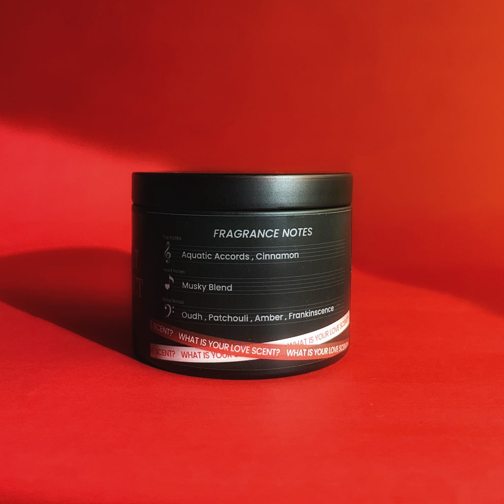 Black container with fragrance notes on a red background
Suga BTS